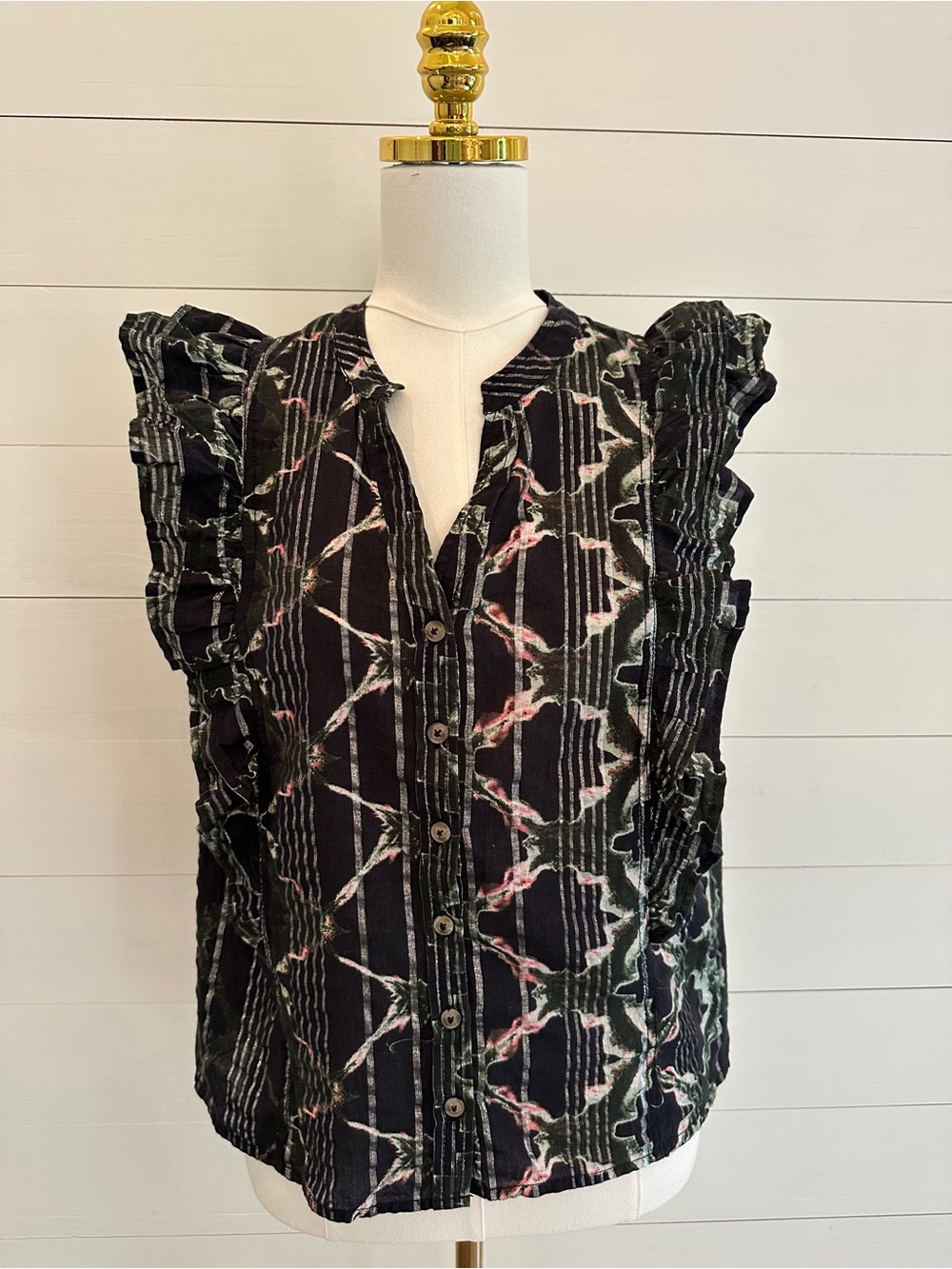 Pilcro Ruffled Button-Front Women's Black Patterned Blouse